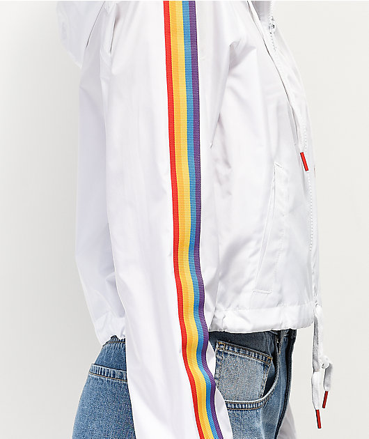 white jacket with rainbow stripes