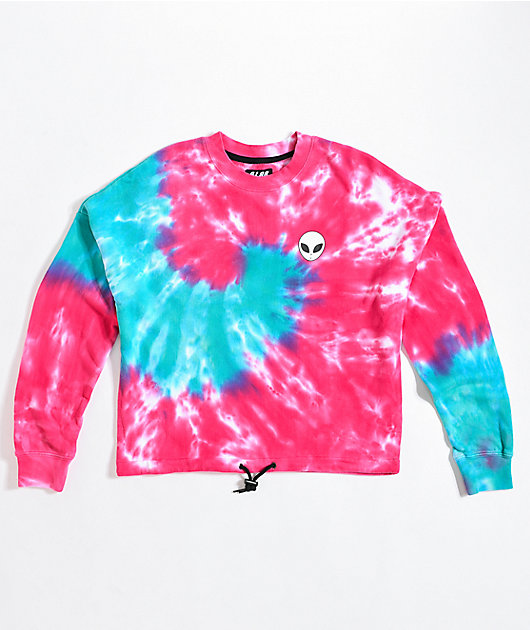 A-Lab Jolene Pink & Blue Tie Dye Crop Crew Neck Sweatshirt