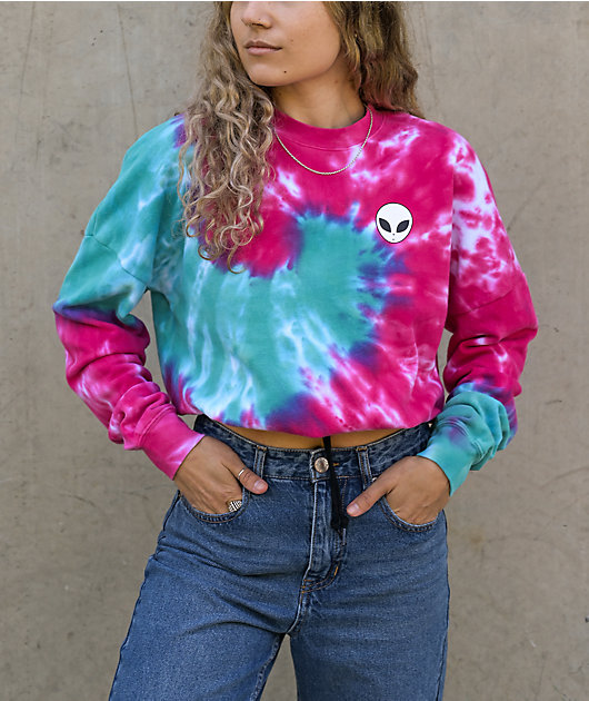 A-Lab Jolene Pink & Blue Tie Dye Crop Crew Neck Sweatshirt