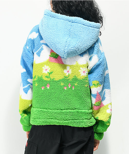 A-Lab Kadley Trippy Landscape Blue & Green Crop Sherpa Hoodie | Zumiez