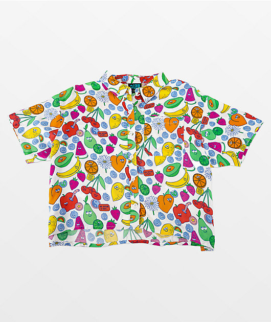 A-Lab Kona Mixed Fruit White Crop Short Sleeve Button Up Shirt