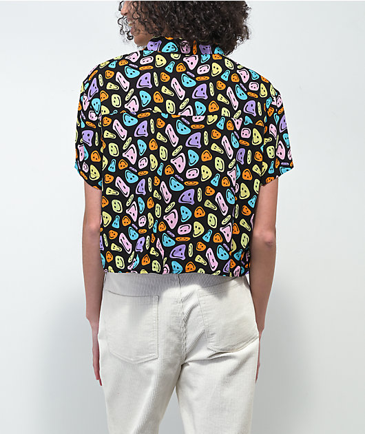A-Lab Kona Warped Smile Black Short Sleeve Button Up Crop Shirt