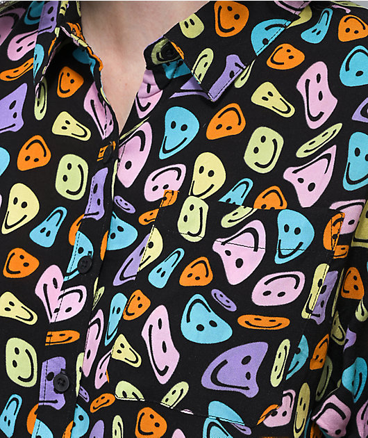 A-Lab Kona Warped Smile Black Short Sleeve Button Up Crop Shirt