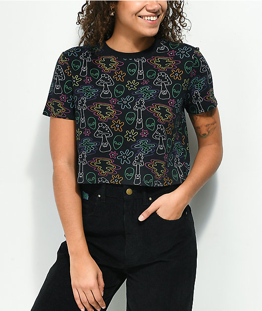 A-Lab Quinnie Mushroom All Over Print Black Crop T-Shirt