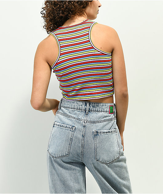 A-Lab Roscoe Red, Green & Purple Stripe Button Up Crop Tank Top