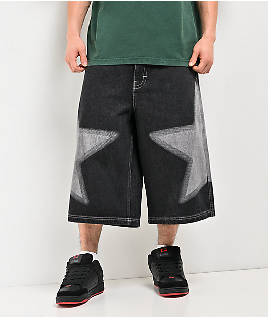 A.LAB Airbrush Star Dark Blue Wash Mega Wide Denim Shorts