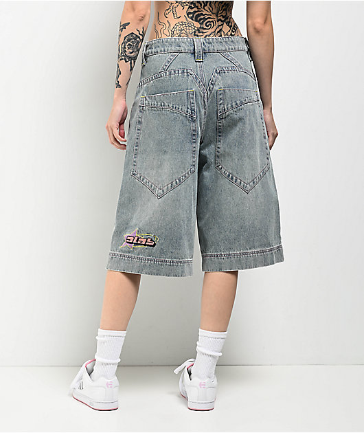 A.LAB Analog Star Cable Blue Wash Oversized Denim Shorts | Zumiez