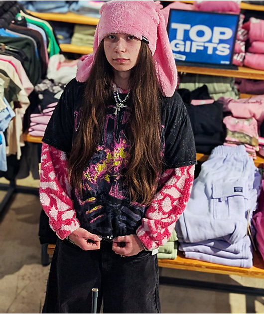 A.LAB Pink Plush Bunny Beanie