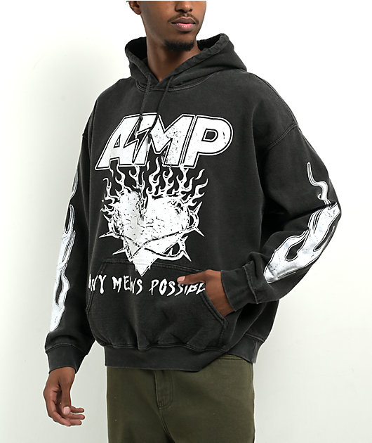 AMP Burning Heart Grey Pigment Dye Hoodie
