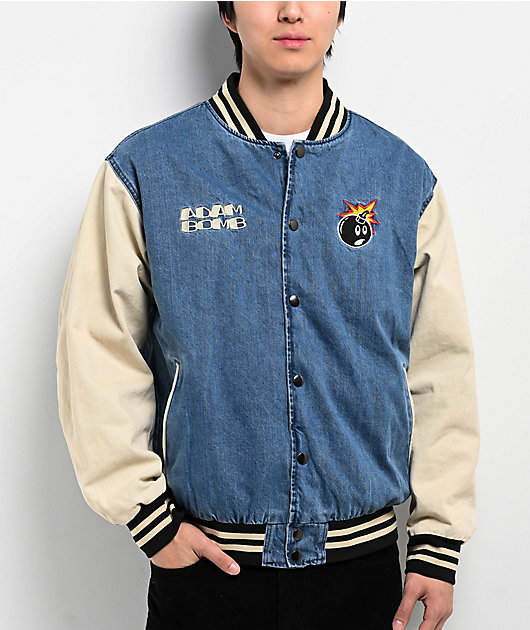 極美品　ADEAM　Varsity Jacket　42595　ネイビー　S Adam Bomb Not Atom Bomb Blue & Natural Denim Varsity Jacket | Zumiez