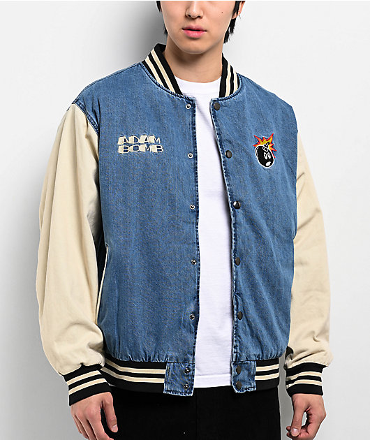 Adam Bomb Not Atom Bomb Blue & Natural Denim Varsity Jacket | Zumiez
