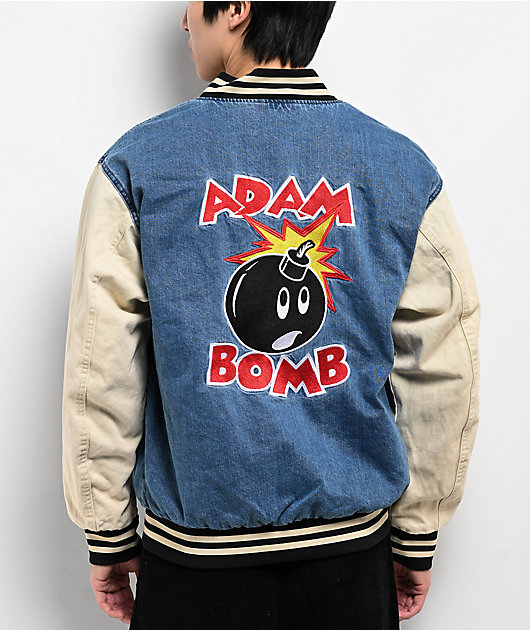 Adam Bomb Not Atom Bomb Blue & Natural Denim Varsity Jacket | Zumiez