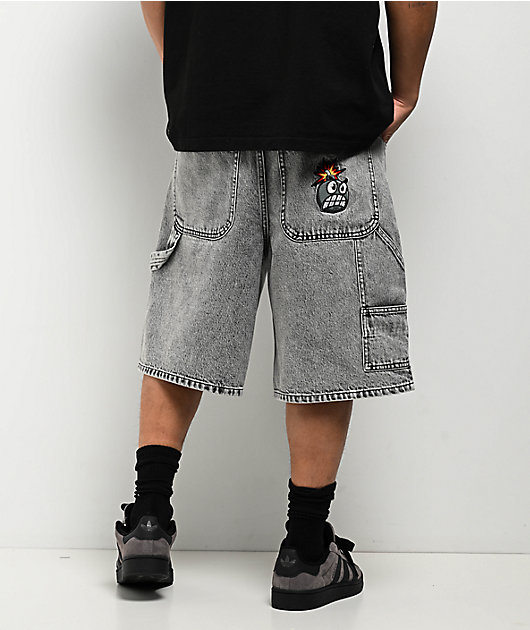 【S】UNDERWATER Stained Loose Shorts jorts Adam Bomb Utility Grey Wash Baggy Carpenter Shorts | Zumiez