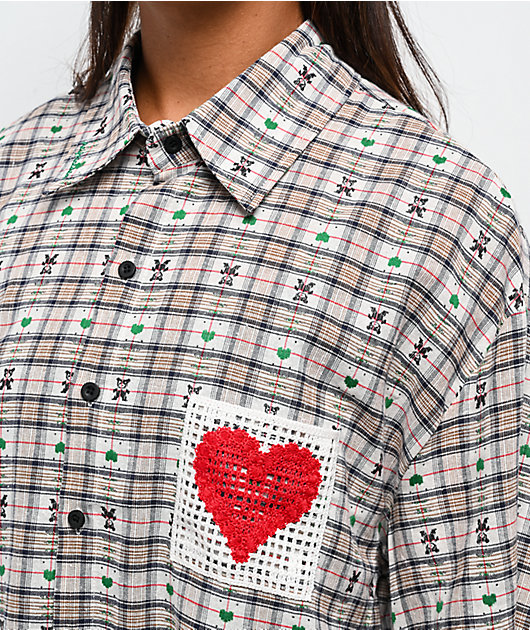 Aelfric Eden Crochet Heart Pocket Green Plaid Short Sleeve Button
