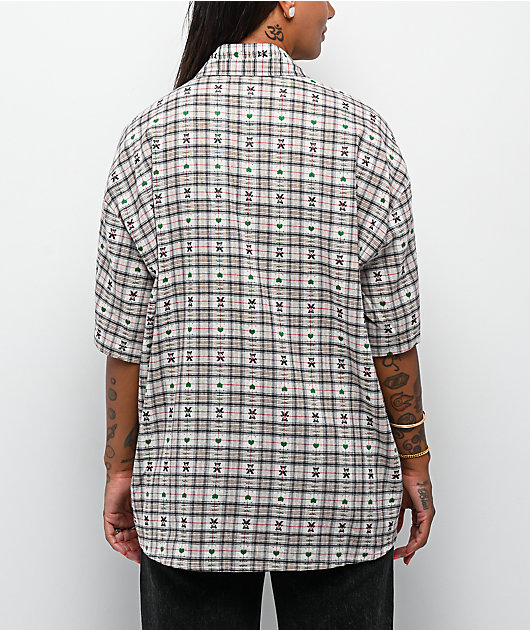 Aelfric Eden Crochet Heart Pocket Green Plaid Short Sleeve Button Up Shirt