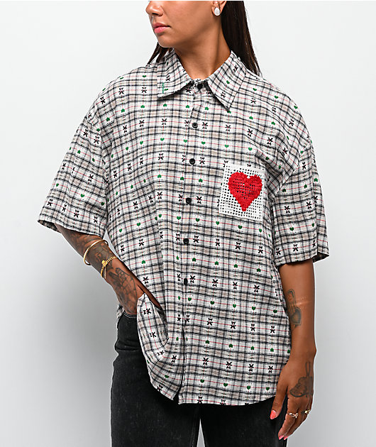 Aelfric Eden Crochet Heart Pocket Green Plaid Short Sleeve Button