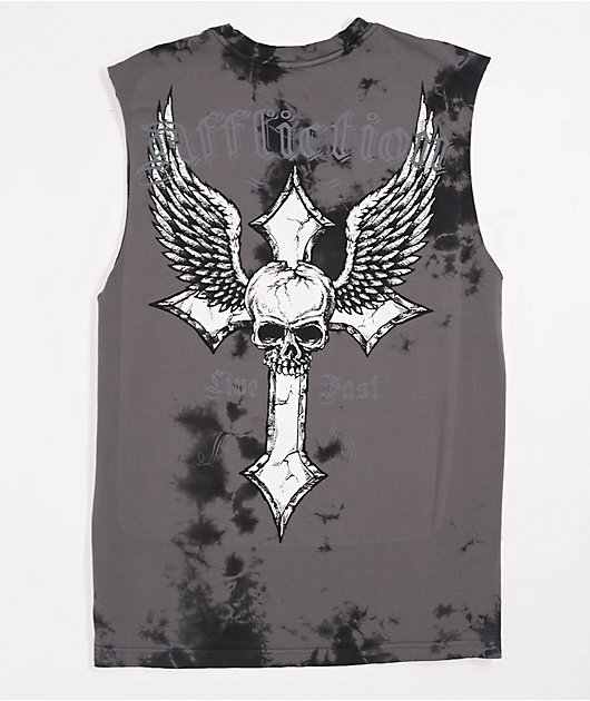 Afflicition Crossed Over Cutoff Black Tie Dye Tank Top