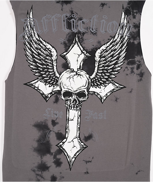 Afflicition Crossed Over Cutoff Black Tie Dye Tank Top