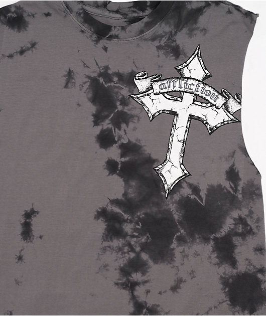 Afflicition Crossed Over Cutoff Black Tie Dye Tank Top