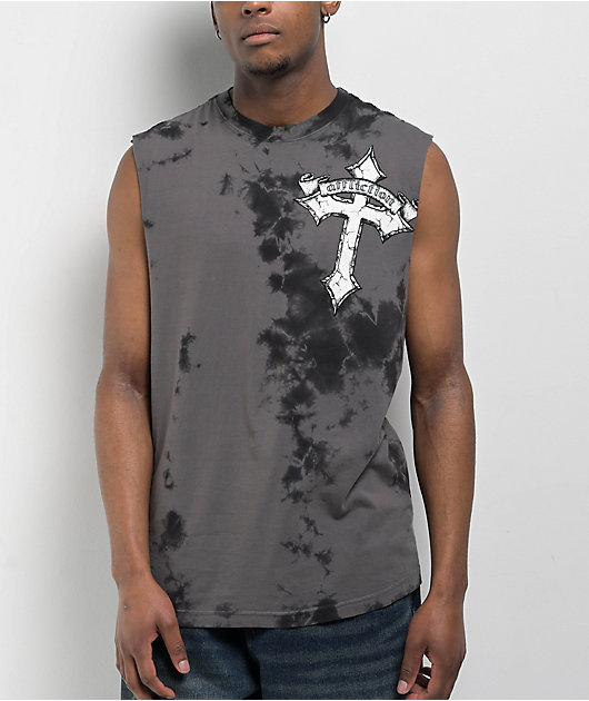 Afflicition Crossed Over Cutoff Black Tie Dye Tank Top