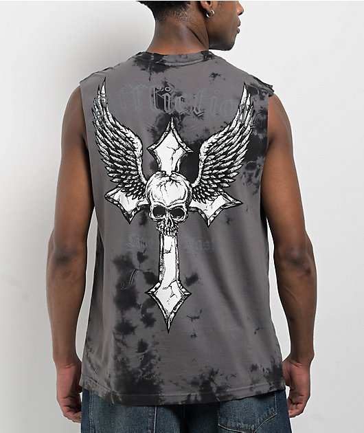 Afflicition Crossed Over Cutoff Black Tie Dye Tank Top | Zumiez
