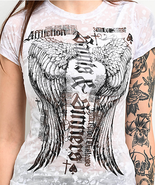 Affliction Women's Dream On Biker Tattoo T-Shirt - Black, Short Sleeve, Regular Fit