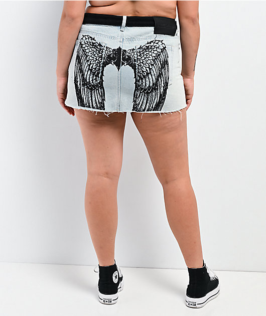 Affliction Angel Wings Blue Denim Cutoff Mini Skirt