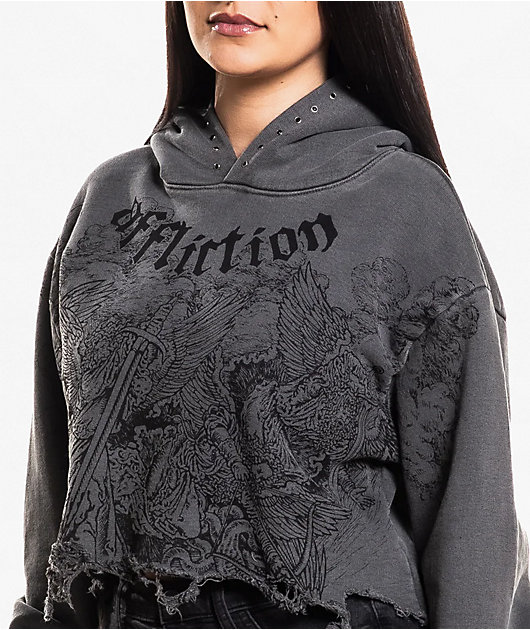 Affliction Angels Distressed Grey Wash Boxy Crop Hoodie