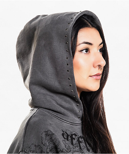 Affliction Angels Distressed Grey Wash Boxy Crop Hoodie | Zumiez