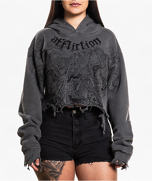 askyurself Faded Angel Boxy Hoodie ブラック Affliction Angels Distressed Grey Wash Boxy Crop Hoodie | Zumiez
