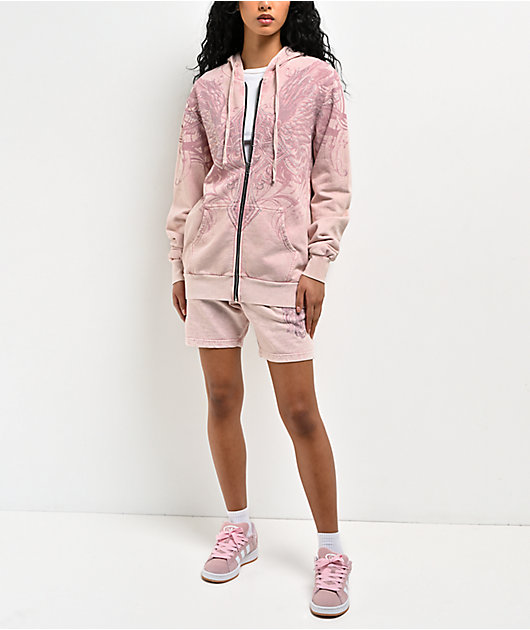 Affliction Ayala Rhinestone Pink Wash Zip Hoodie
