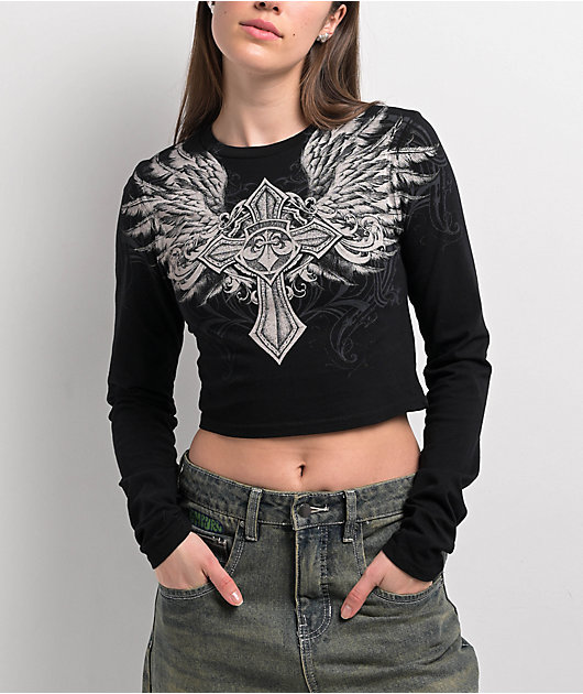 Affliction Ayala Skull Black Long Sleeve Crop T-Shirt | Zumiez