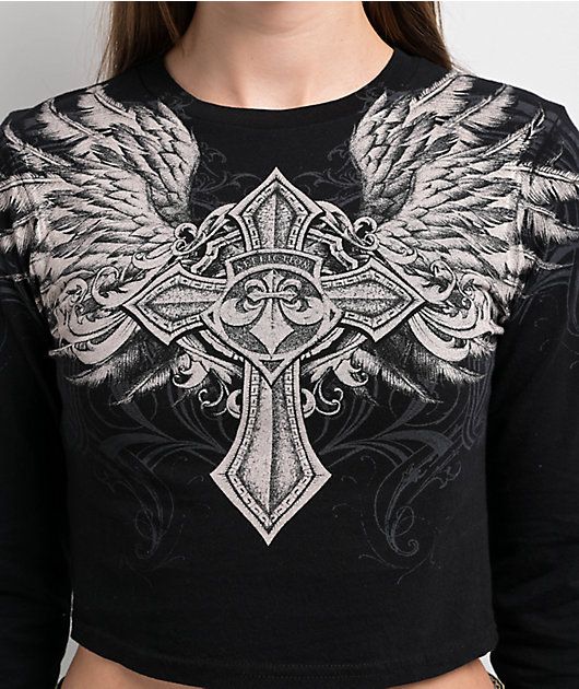 Affliction Ayala Skull Black Long Sleeve Crop T-Shirt