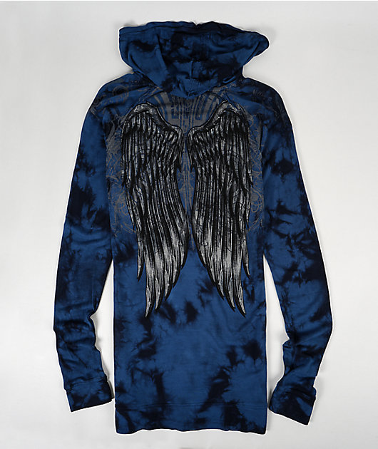 Affliction Blade Killer Blue & Black Tie Dye Long Hooded Top