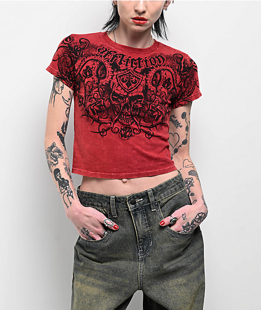 Affliction Bone Collector Dirty Red Lava Wash Crop T-Shirt