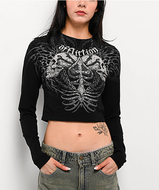 Affliction Charred Martyr Black Long Sleeve Crop T-Shirt | Zumiez