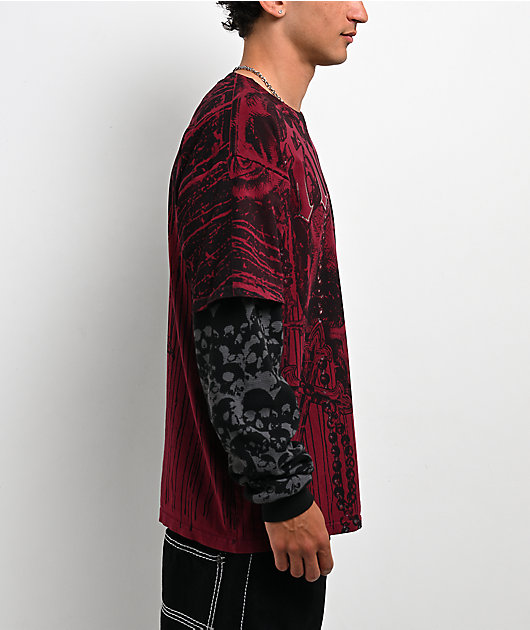 Affliction Chemical Rain Red & Grey 2fer Long Sleeve T-Shirt