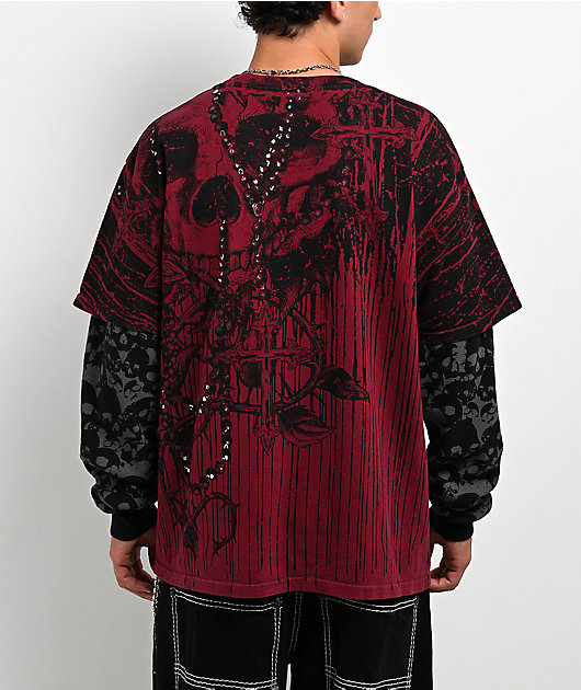 Affliction Chemical Rain Red & Grey 2fer Long Sleeve T-Shirt