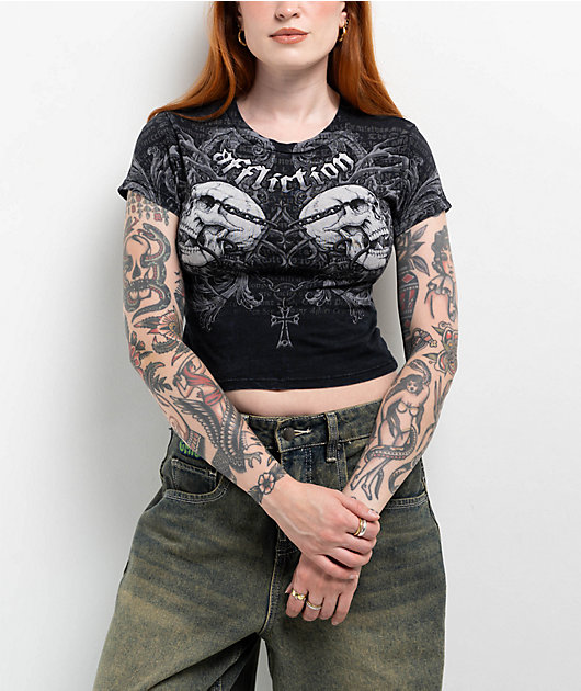 Affliction Collapse Black Lava Wash Crop T-Shirt