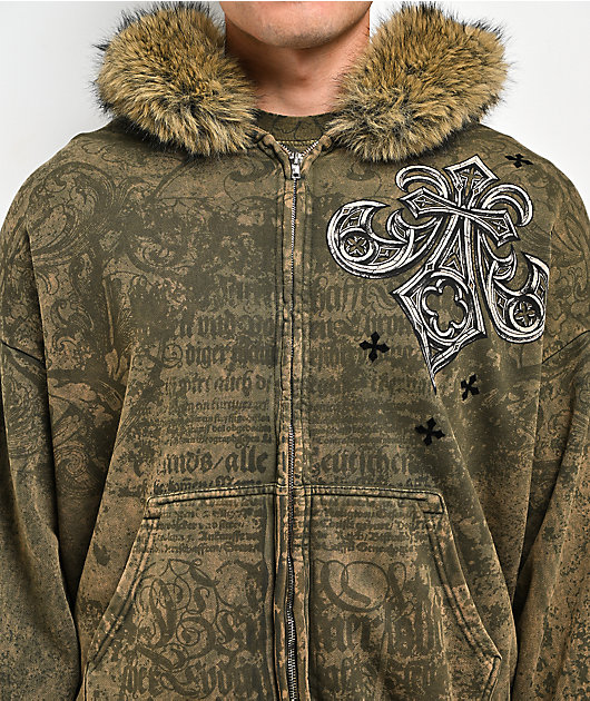 Affliction Courage Faux Fur Green Zip Hoodie