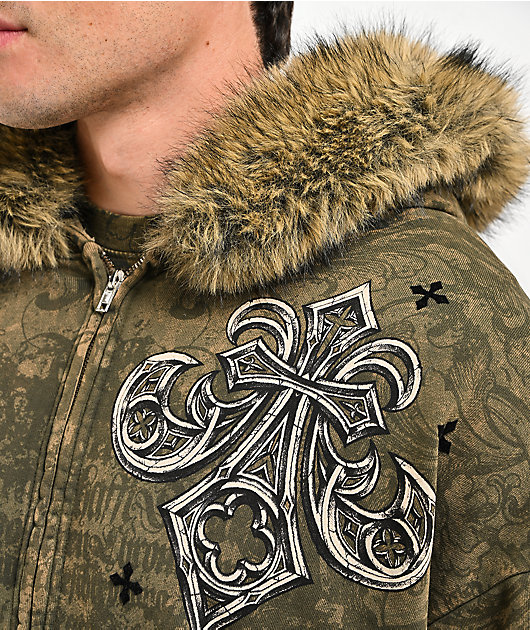 Affliction Courage Faux Fur Green Zip Hoodie