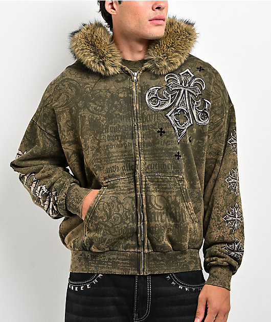 Affliction Courage Faux Fur Green Zip Hoodie