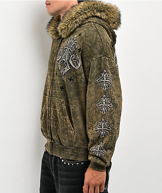 Affliction Courage Faux Fur Green Zip Hoodie