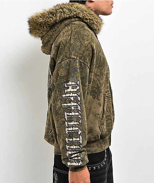 Affliction Courage Faux Fur Green Zip Hoodie