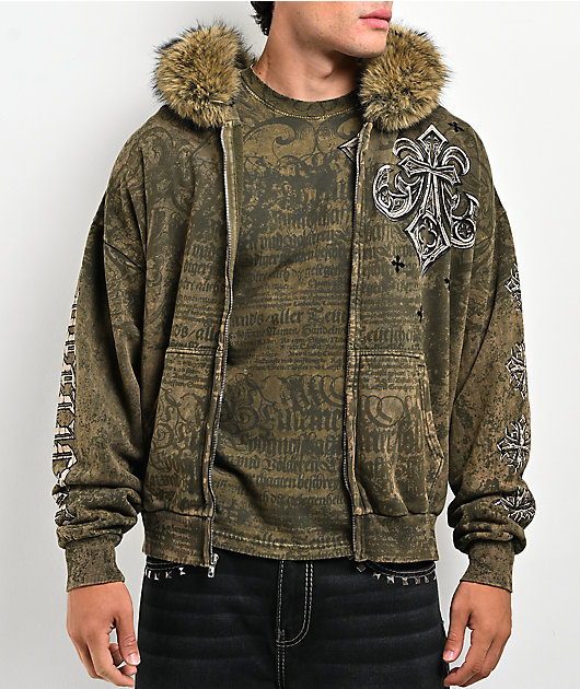 Affliction Courage Faux Fur Green Zip Hoodie