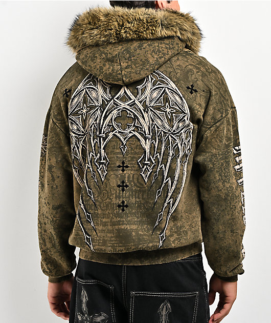 Affliction Courage Faux Fur Green Zip Hoodie