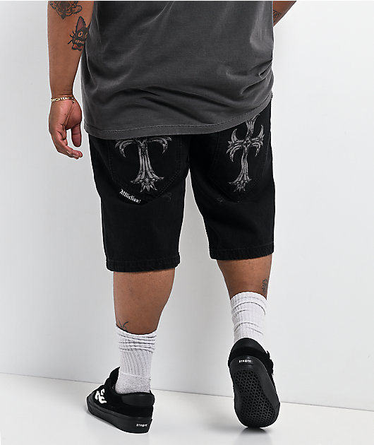 Affliction Creed Black Wash Wide Leg Denim Shorts
