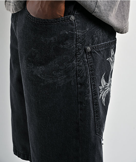 Affliction Creed Black Wash Wide Leg Denim Shorts