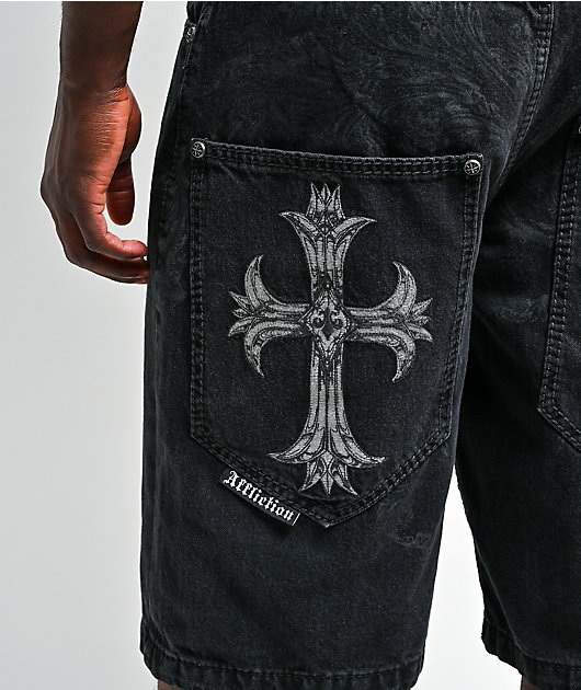 Affliction Creed Black Wash Wide Leg Denim Shorts