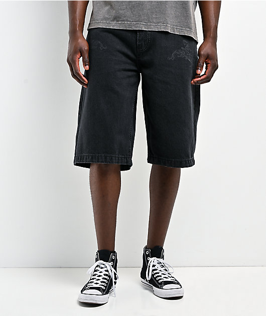 Affliction Creed Black Wash Wide Leg Denim Shorts